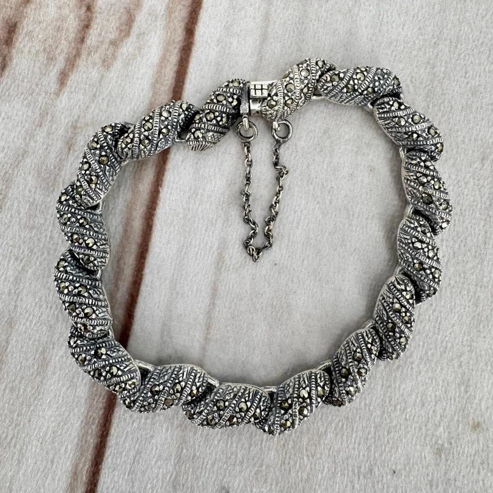 Sterling Silver Marcasite Link Bracelet Stamped 925 Vintage Estate Jewelry